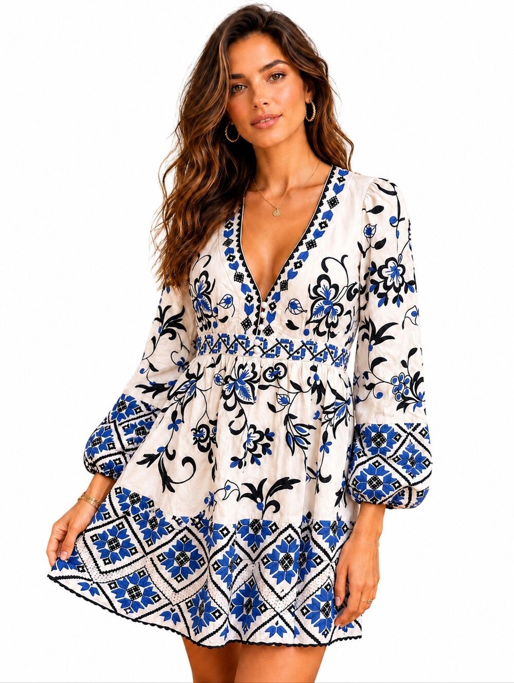 Anthropologie Boho Sweetheart Embroidered Blue White Mini Dress Size